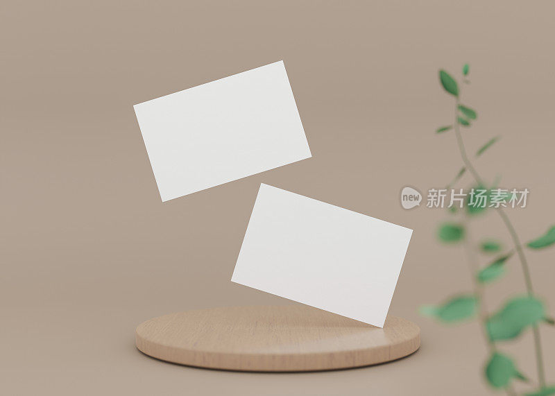 棕色背景上带小枝的空白白色名片。品牌标识的自然模型。两张牌显示两面。平面设计师的模板。自由空间。3 d渲染。
